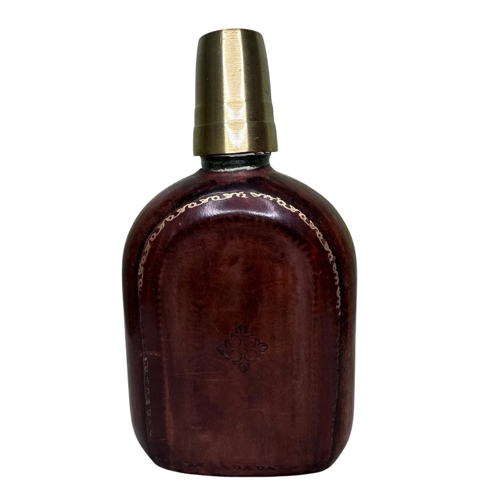Vintage Florentine Leather Hip Flask Gold Decorated Italy Genuine Leather Brown